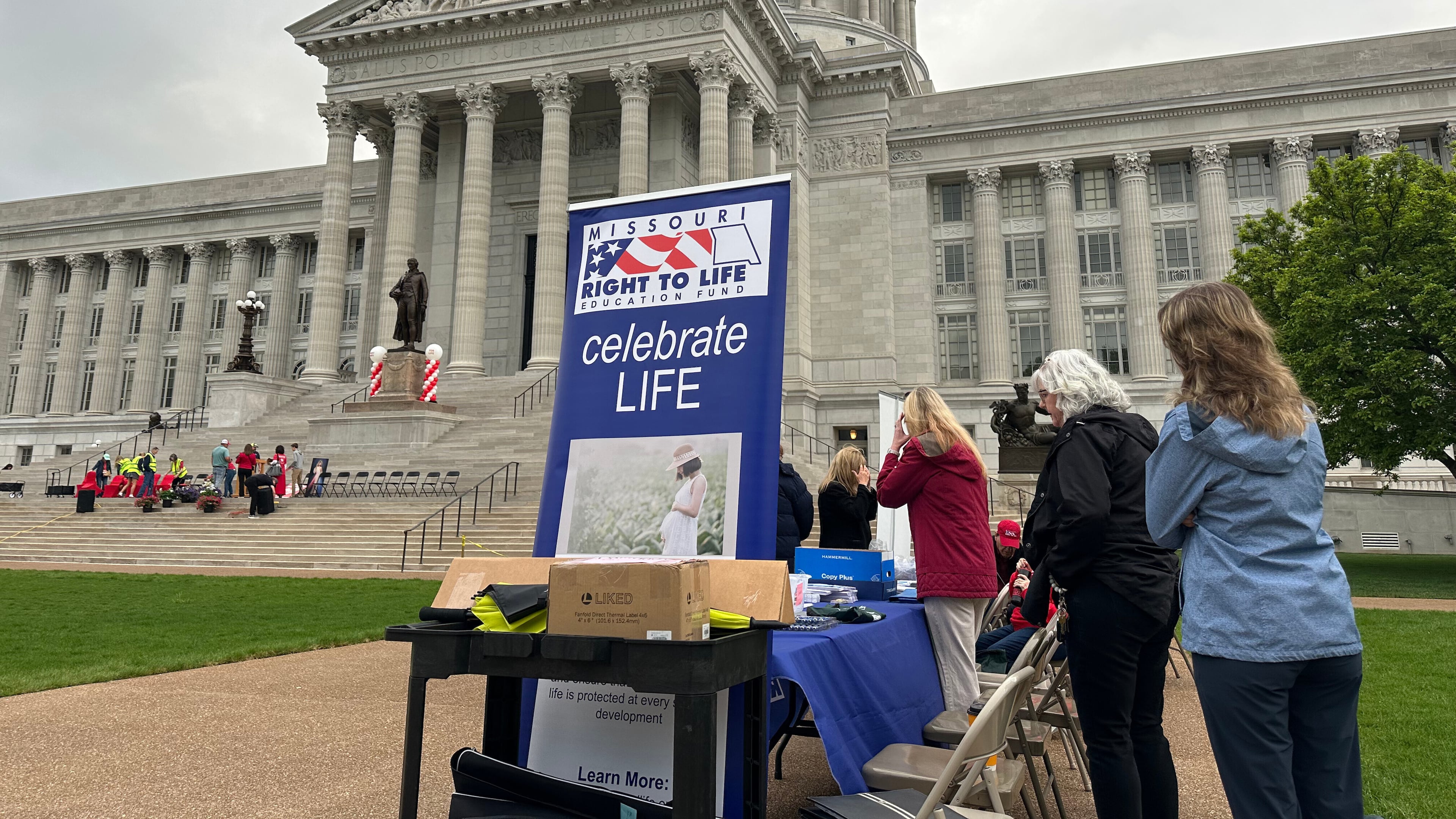 Abortion opponents prepare for a rally at the Missouri Capitol on May 1, 2025, in Jefferson City, Mo. (AP Photo/David A. Lieb)