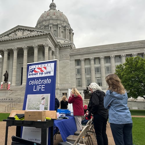 Abortion opponents prepare for a rally at the Missouri Capitol on May 1, 2025, in Jefferson City, Mo. (AP Photo/David A. Lieb)