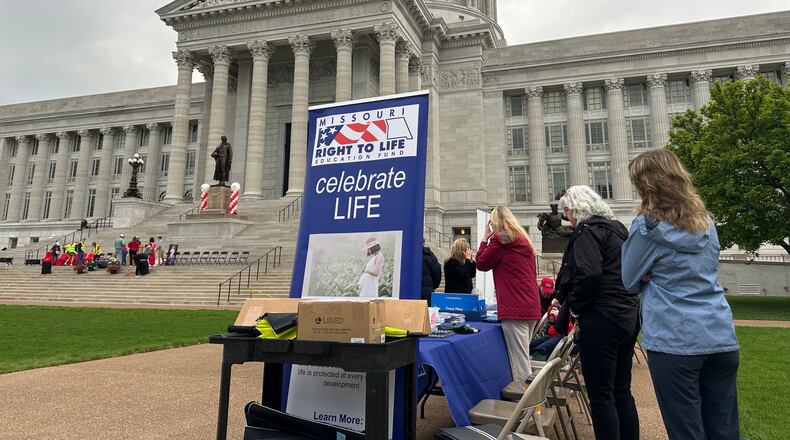 Abortion opponents prepare for a rally at the Missouri Capitol on May 1, 2025, in Jefferson City, Mo. (AP Photo/David A. Lieb)