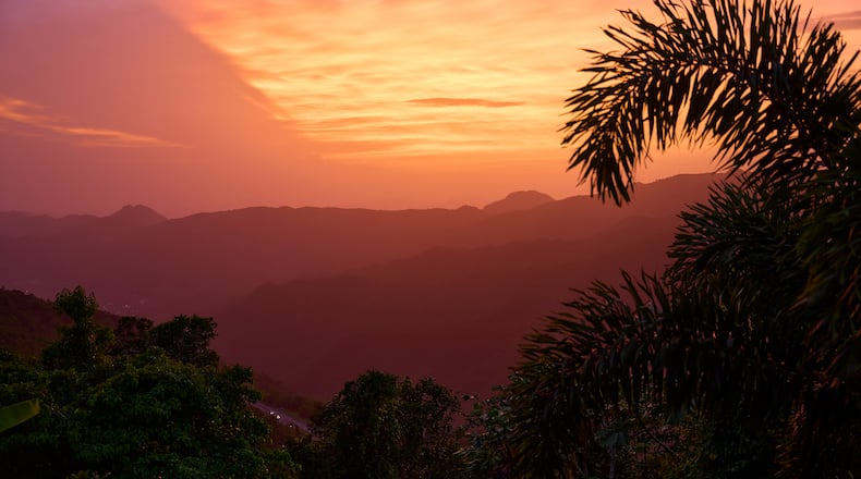 A sunset over the mountains in Puerto Rico.