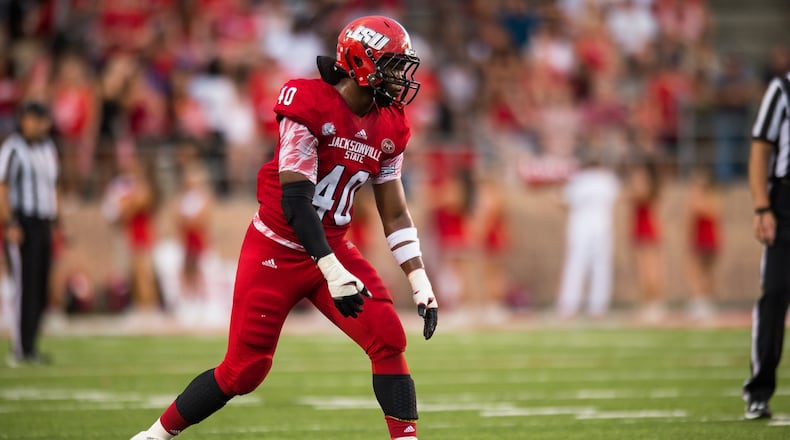 Jacksonville State defensive end Darius Jackson helped the Gamecocks cruise to a 31-12 win over North Alabama at Burgess-Snow Field in Jacksonville, Ala., on Sept. 1, 2016.  (Matt Reynolds/JSU)