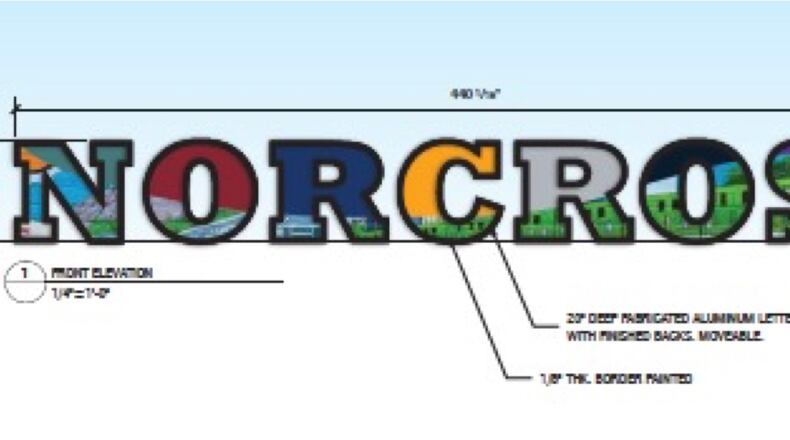 Just one of several conceptual designs for a sign in Norcross to be placed between the city’s new library and The Brunswick apartment complex adjacent to Lillian Webb Park. (Courtesy City of Norcross)
