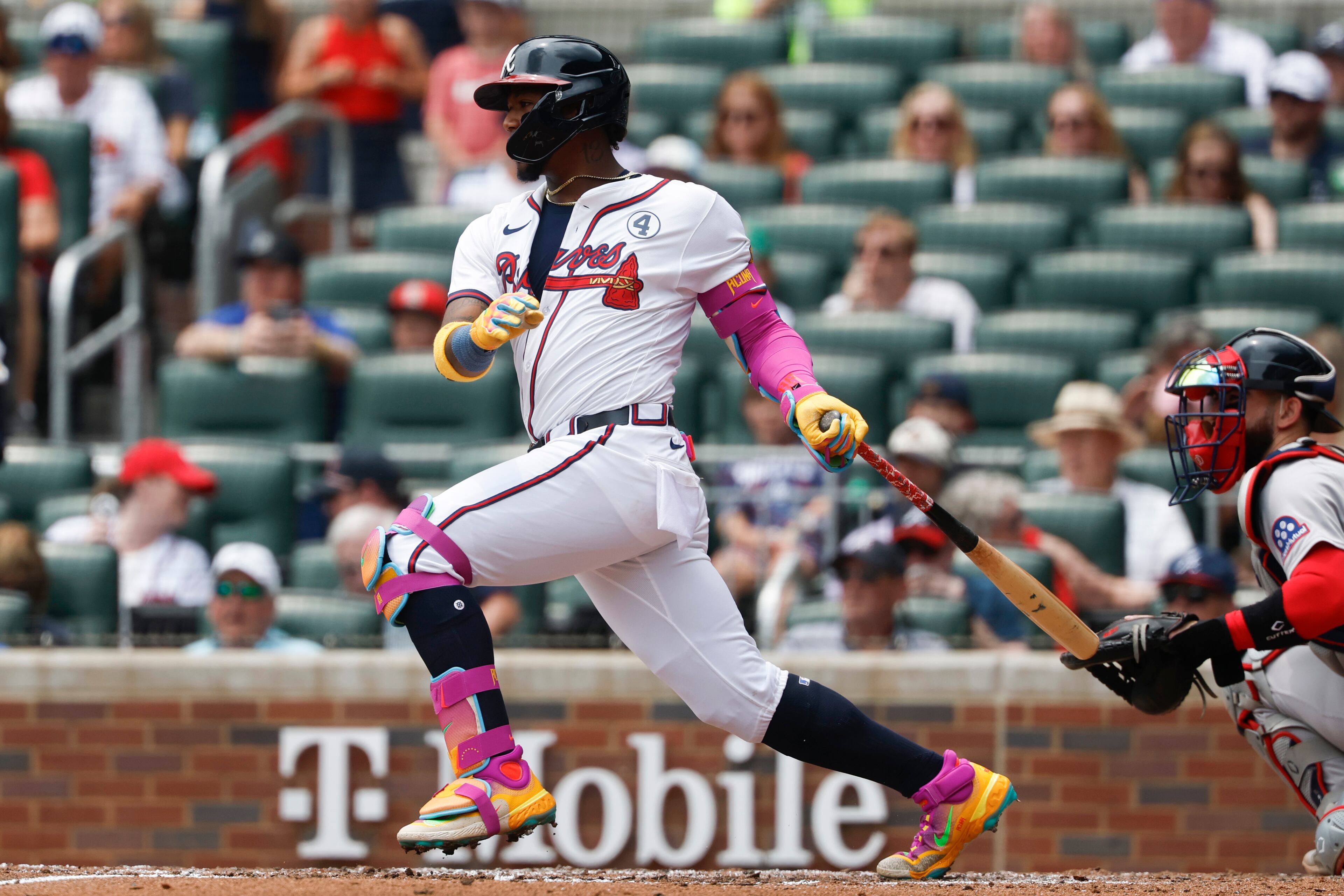 Atlanta Braves' Ronald Acuña Jr. hits a single during the third inning of a baseball game against the Boston Red Sox, Sunday, June 1, 2025, in Atlanta. (AP Photo/Butch Dill)