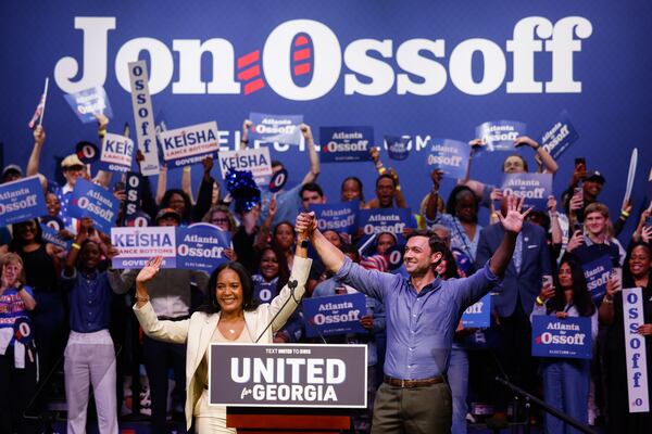 Democratic nominee for governor Keisha Lance Bottoms (left) and U.S. Sen. Jon Ossoff campaign together at the Tabernacle in May. (Arvin Temkar/AJC)