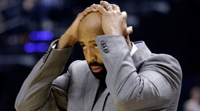 New York Knicks coach Mike Woodson reacts to a call in the first half against the Indiana Pacers Thursday, Jan. 16, 2014, in Indianapolis. (Michael Conroy/AP)