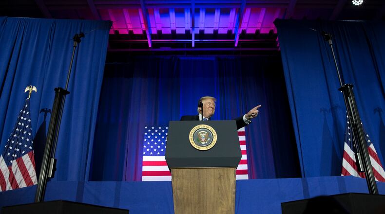 President Donald Trump speaks about tax reform in the Farm Bureau Building at the Indiana State Fairgrounds in Indianapolis, Sept. 27. (Tom Brenner / The New York Times)