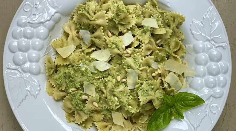 Pesto made from basil, peas, and white beans can dress up your pasta for summer. CONTRIBUTED BY KELLIE HYNES