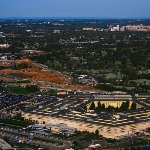 The Pentagon is seen from an airplane, Tuesday, April 7, 2026, in Washington. (AP Photo/Julia Demaree Nikhinson)