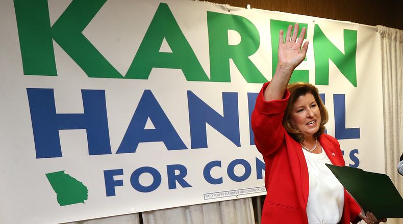 Republican candidate Karen Handel thanks her supporters, April 18. (AJC Photo / Curtis Compton)