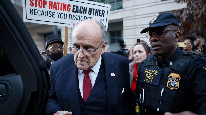 Rudy Giuliani, the former personal lawyer for former U.S. President Donald Trump, departs from the E. Barrett Prettyman U.S. District Courthouse after a verdict was reached in his defamation jury trial on Dec. 15, 2023, in Washington, DC. A jury ordered Giuliani to pay $148 million in damages to Fulton County election workers Ruby Freeman and Shaye Moss. (Anna Moneymaker/Getty Images/TNS)