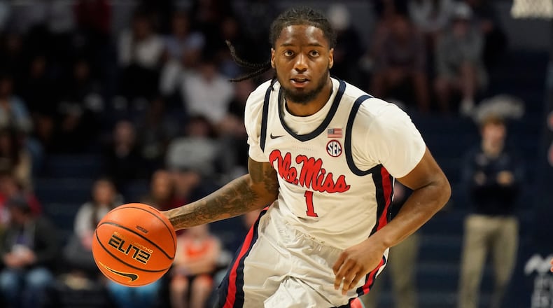 Mississippi guard Amaree Abram (1) dribbles up court during an NCAA college basketball game against Texas A&M, Tuesday, Feb. 28, 2023, in Oxford, Miss. Texas A&M won 69-61.(AP Photo/Rogelio V. Solis)