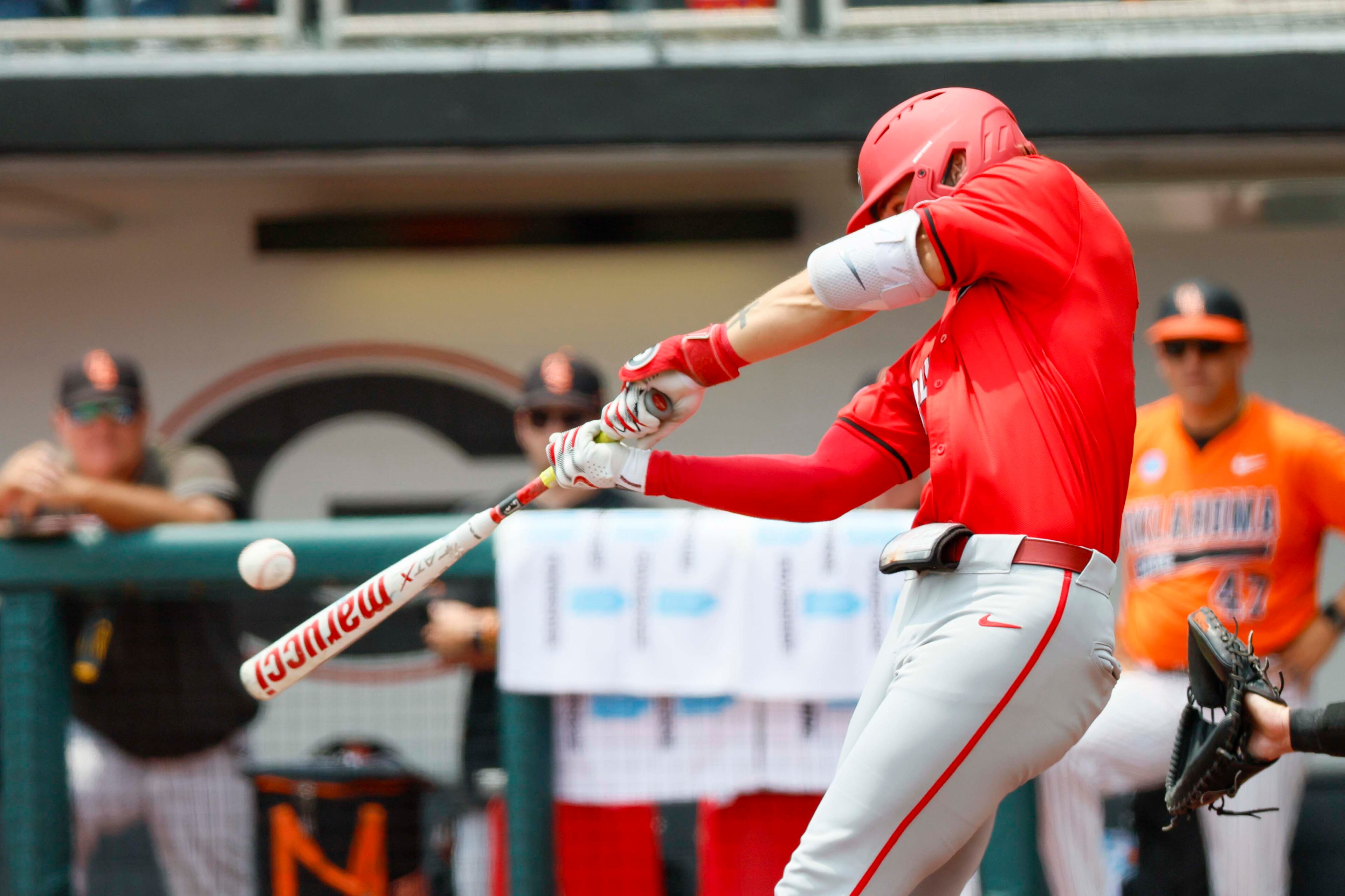 Georgia infielder Slate Alford (44) connects the ball for a two-run home run during the second inning against Oklahoma State in their NCAA Regional game at Foley Field,  Sunday, June 1, 2025, in Athens, Ga.
(Miguel Martinez/ AJC)