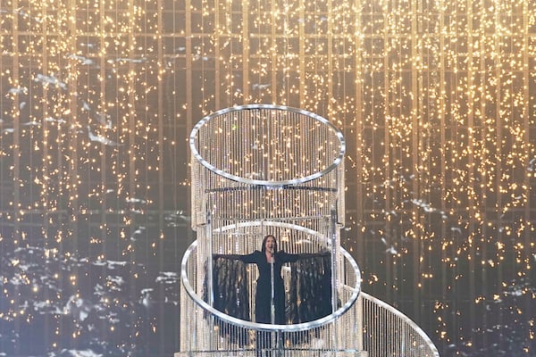 Yuval Raphael from Israel performs the song "New Day Will Rise" during the dress rehearsal for the Grand Final of the 69th Eurovision Song Contest, in Basel, Switzerland, Friday, May 16 2025. (AP Photo/Martin Meissner)