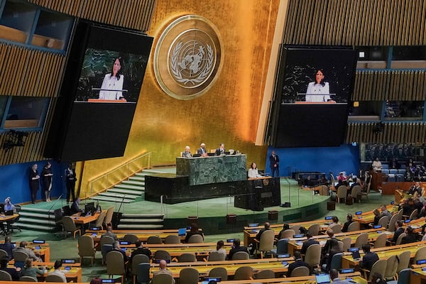 Annalena Baerbock of Germany addresses the United Nations General Assembly after she was elected as president of the 80th session of the body, Monday, June 2, 2025. (AP Photo/Richard Drew)