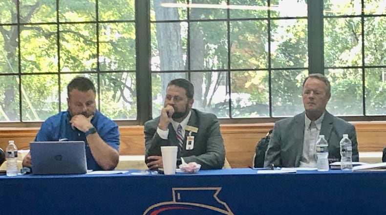 The Georgia High School Association Board of Trustees discussed numerous events at its the Board of Trustees meeting on Aug. 9 in Thomaston. Shown (L-R) GHSA vice president Curt Miller, GHSA president and GHSA executive director Robin Hines.