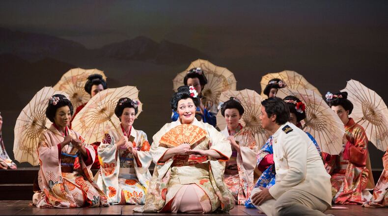 Dina Kuznetsova and Adam Diegel perform with members of the Atlanta Opera chorus in a new production of Giacomo Puccini’s “Madama Butterfly” at the Cobb Energy Performing Arts Centre through Nov. 16. CONTRIBUTED BY JEFF ROFFMAN