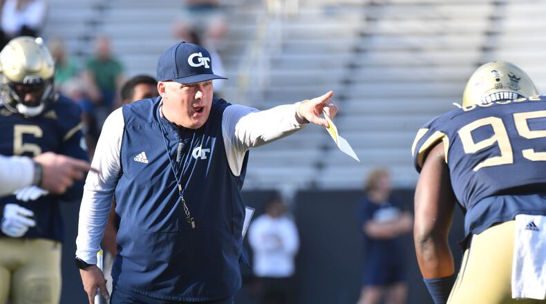 Georgia Tech coach Geoff Collins instructs during the spring game at Georgia Tech's Bobby Dodd Stadium in Atlanta on Thursday, March 17, 2022. (Hyosub Shin / Hyosub.Shin@ajc.com)