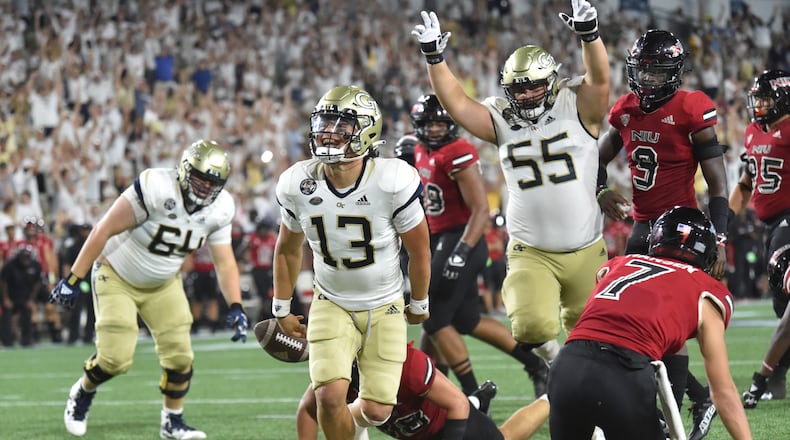September 4, 2021 Atlanta - Georgia Tech's quarterback Jordan Yates (13) celebrates after he scored a touchdown during the second half of an NCAA college football game at Georgia Tech's Bobby Dodd Stadium in Atlanta on Saturday, September 4, 2021. Northern Illinois won 22-21 over Georgia Tech(Hyosub Shin / Hyosub.Shin@ajc.com)