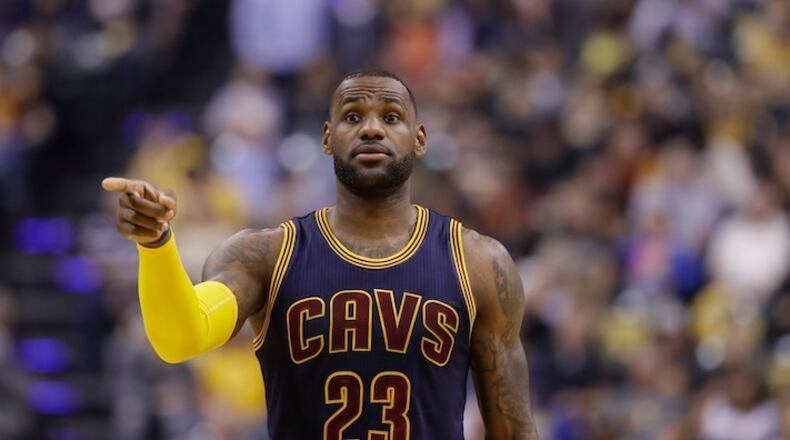 Cleveland Cavaliers' LeBron James in action during the first half in Game 4 of a first-round NBA basketball playoff series against the Indiana Pacers, Sunday, April 23, 2017, in Indianapolis. (AP Photo/Darron Cummings)