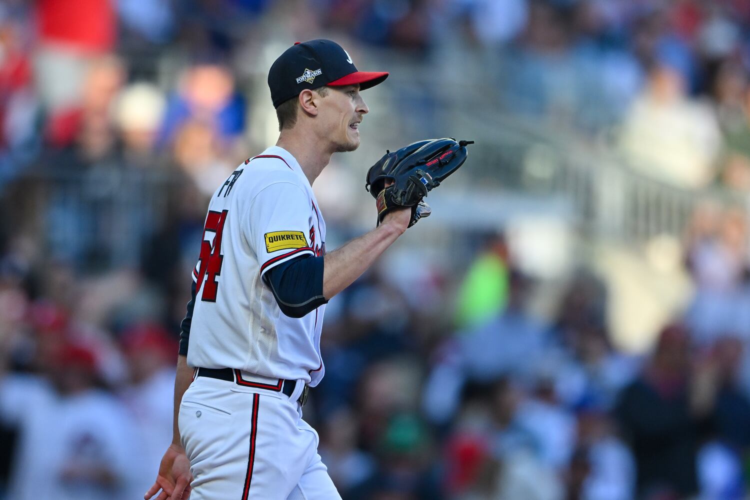 Atlanta Braves starting pitcher Max Fried (54) runs into trouble as the Philadelphia Phillies score a run during the first inning of NLDS Game 2 in Atlanta on Monday, Oct. 9, 2023.   (Hyosub Shin / Hyosub.Shin@ajc.com)
