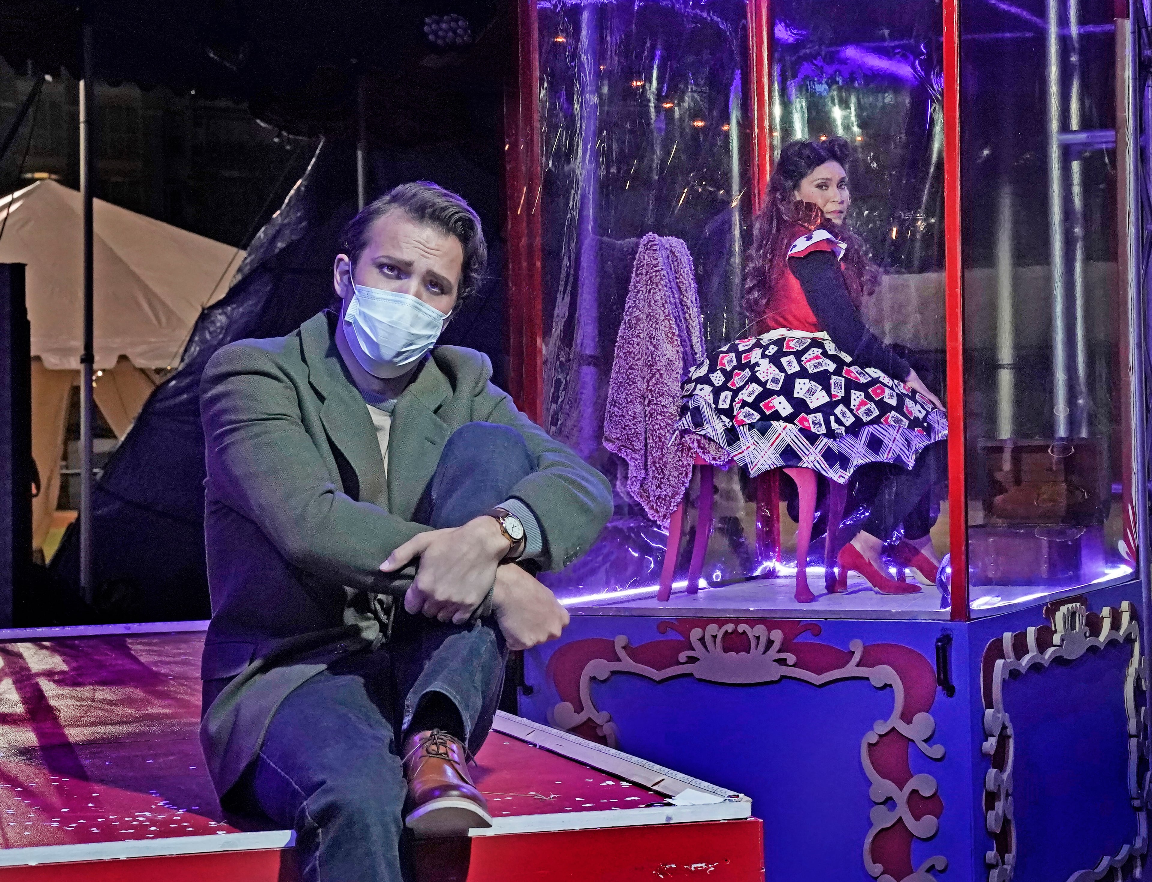 Joseph Lattanzi during rehearsals for the Atlanta Opera's pandemic-era production of "Pagliacci," which was staged in a circus tent.
(Courtesy of Ken Howard)