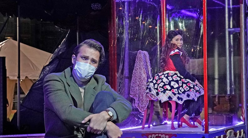 Joseph Lattanzi as Silvio and Talise Trevigne as Nedda during rehearsals for "Pagliacci." 
Courtesy of Ken Howard