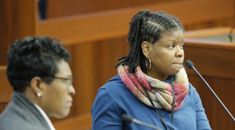 Rep. Keisha Waites, D-Atlanta, left, and April Ross testify before a House subcommittee on Wednesday, Feb. 15, 2017. BOB ANDRES / BANDRES@AJC.COM