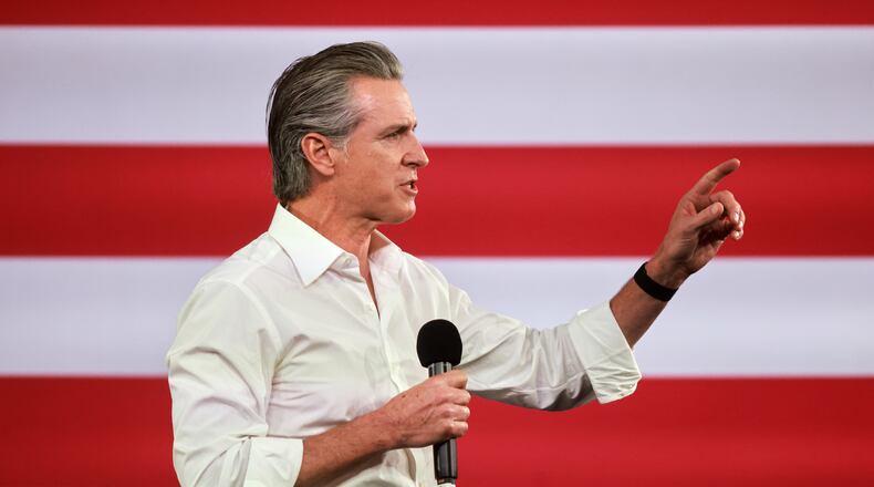 FILE - Gov. Gavin Newsom speaks during a campaign event on Proposition 50, Nov. 1, 2025, in Los Angeles. (AP Photo/Ethan Swope, File)
