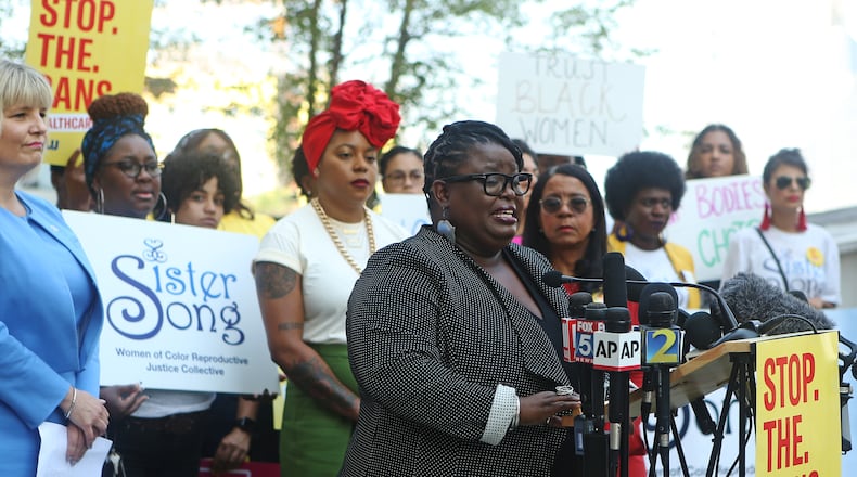 Monica Simpson, the executive director of SisterSong, speaks at a press conference in 2019 discussing her organization’s challenge of Georgia’s anti-abortion law. The group has joined a new effort to challenge the law. Christina Matacotta/christina.matacotta@ajc.com