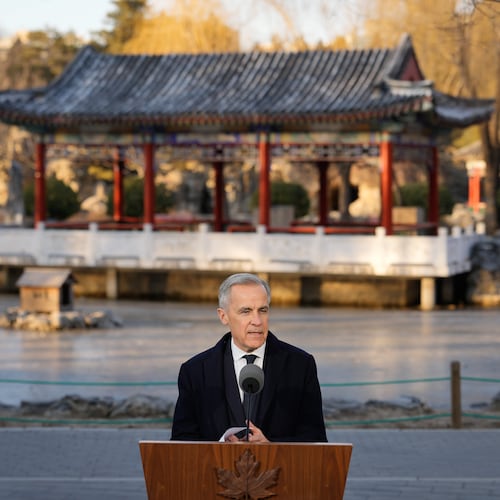 Canada's Prime Minister Mark Carney, speaks to the media at Ritan Park in Beijing, China, Friday, Jan. 16, 2026. (AP Photo/Vincent Thian)