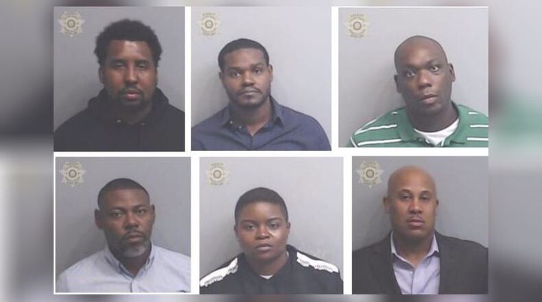 The six jailers face murder and other charges in the 2018 death of Antonio May. Top row: Arron Cook (from left), Guito Delacruz, Omar Jackson. Bottom row: Jason Roache, Kenesia Strowder, William Whitaker.