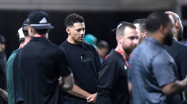 Kansas City Chiefs quarterback Patrick Mahomes attends Texas Tech's NFL football pro day, Thursday, March 26, 2025, in Lubbock, Texas. (AP Photo/Annie Rice)