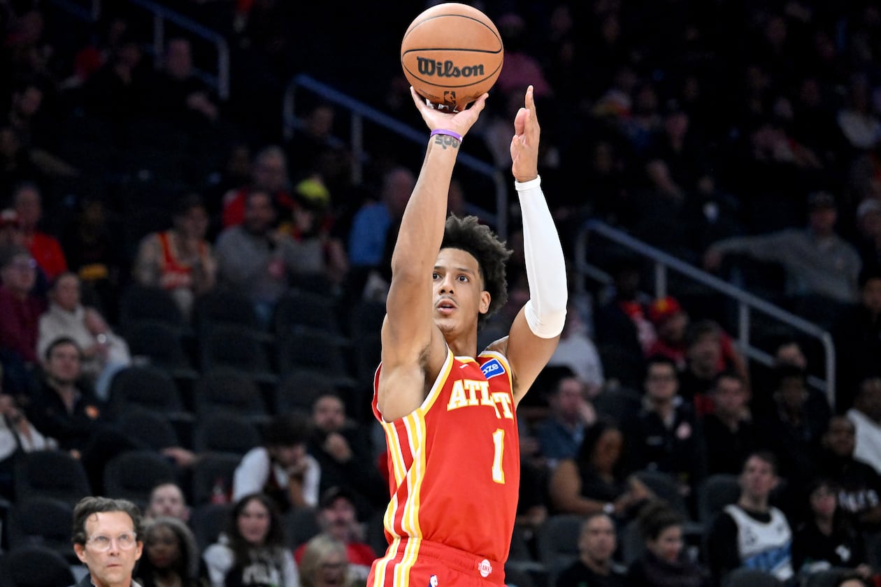 Atlanta Hawks forward Jalen Johnson will be among three key Hawks players missing against the Thunder Saturday night. Johnson is out with a right ankle sprain. (Hyosub Shin/AJC)