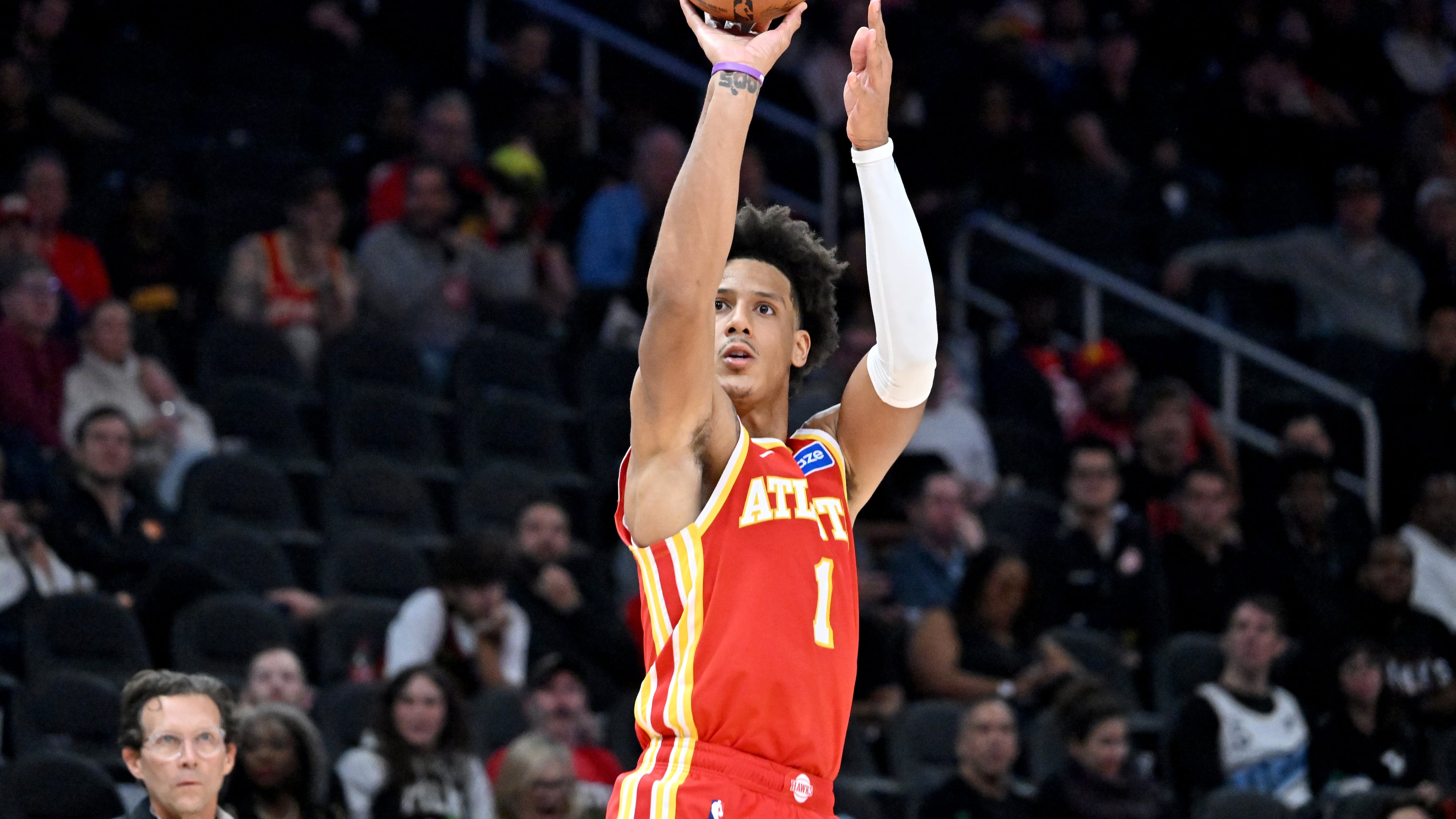 Atlanta Hawks forward Jalen Johnson will be among three key Hawks players missing against the Thunder Saturday night. Johnson is out with a right ankle sprain. (Hyosub Shin/AJC)