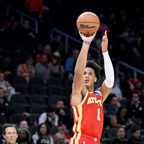 Atlanta Hawks forward Jalen Johnson (1) gets off a shot during the second half in the home opener at State Farm Arena, Thursday, October 22, 2025, in Atlanta. Toronto Raptors won 138-118 over Atlanta Hawks. (Hyosub Shin / AJC)