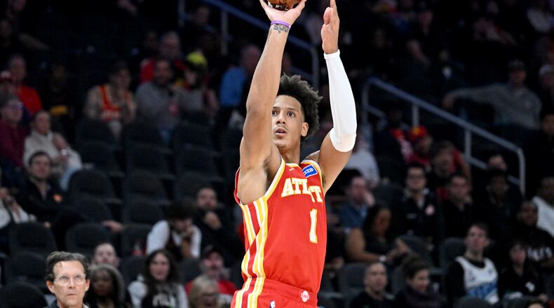 Atlanta Hawks forward Jalen Johnson will be among three key Hawks players missing against the Thunder Saturday night. Johnson is out with a right ankle sprain. (Hyosub Shin/AJC)