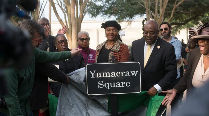 City leaders unveil the sign bearing the newly renamed Yamacraw Square. Formerly Yamacraw Art Park, a March city council vote renamed the space, making it Savannah's 23rd square.