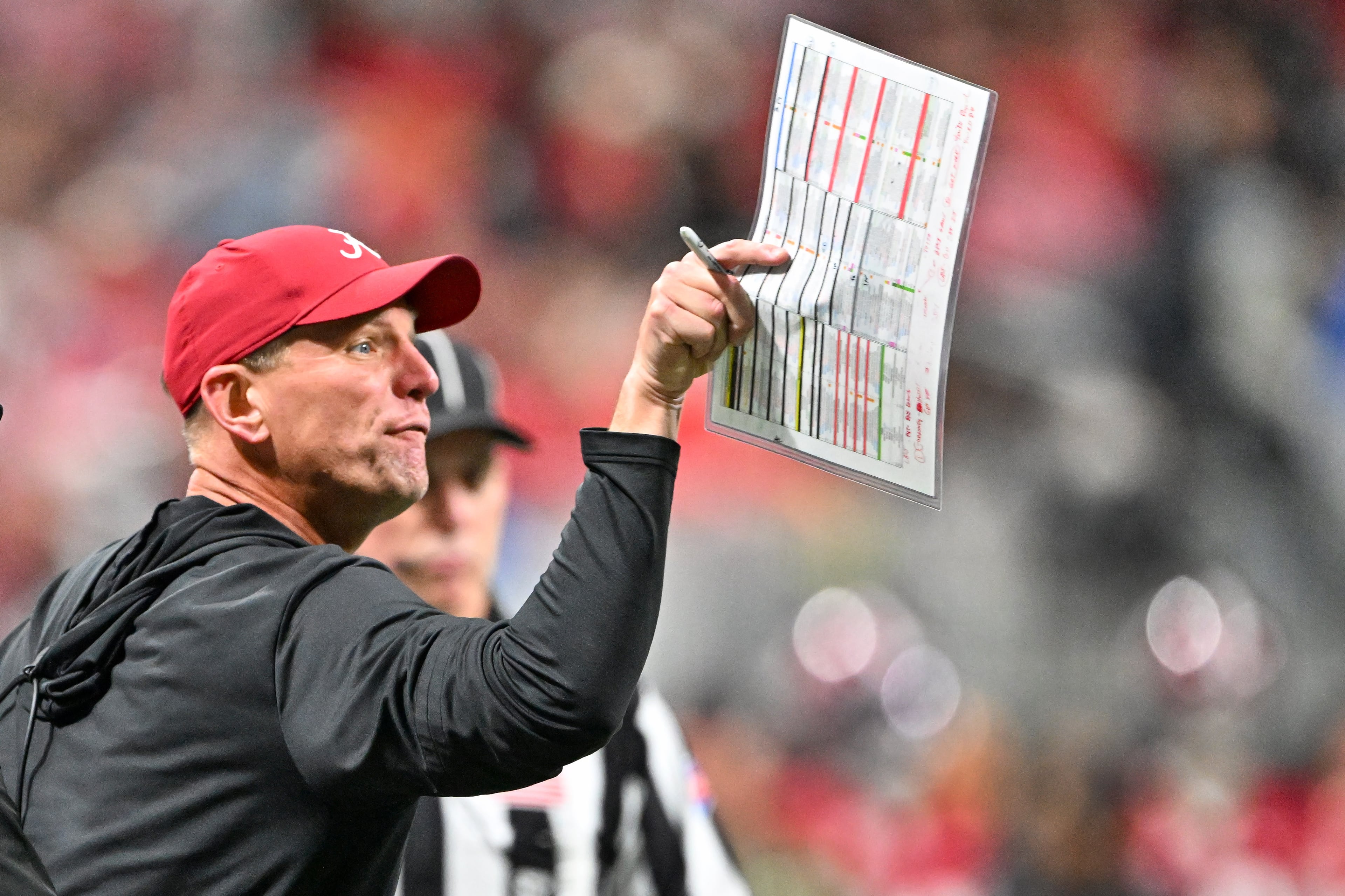 Alabama head coach Kalen DeBoer reacts on the sideline against Georgia during the third quarter of the SEC Championship game at Mercedes-Benz Stadium, Saturday, Dec. 6, 2025, in Atlanta. (Hyosub Shin / AJC)