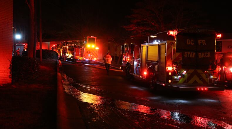 DeKalb County Fire and Rescue puts out a fire in the 3500 block of Buford Highway in Brookhaven Tuesday night. Ben Gray / bgray@ajc.com