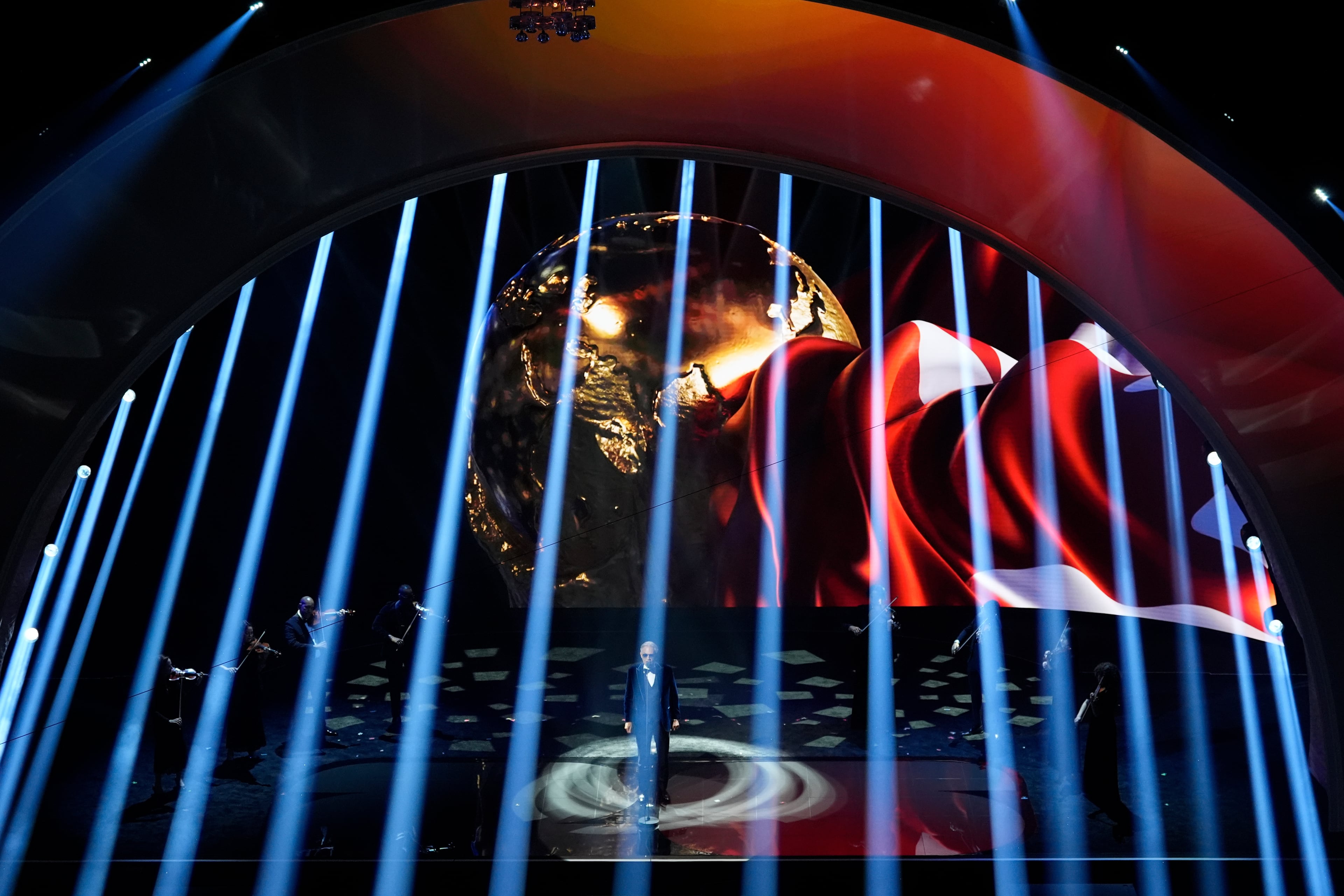 Singer Andrea Bocelli performs during the draw for the 2026 soccer World Cup at the Kennedy Center in Washington, Friday, Dec. 5, 2025. (AP Photo/Alex Brandon)