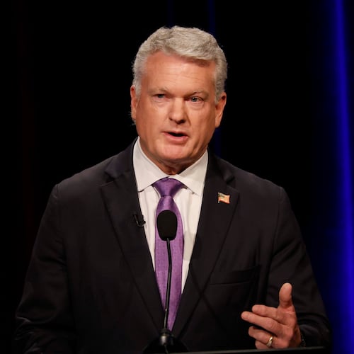 U.S. Rep. Mike Collins, R-Jackson, speaks at the Atlanta Press Club Loudermilk-Young debate for the U.S. Senate at Georgia Public Broadcasting last month. (Miguel Martinez/AJC)