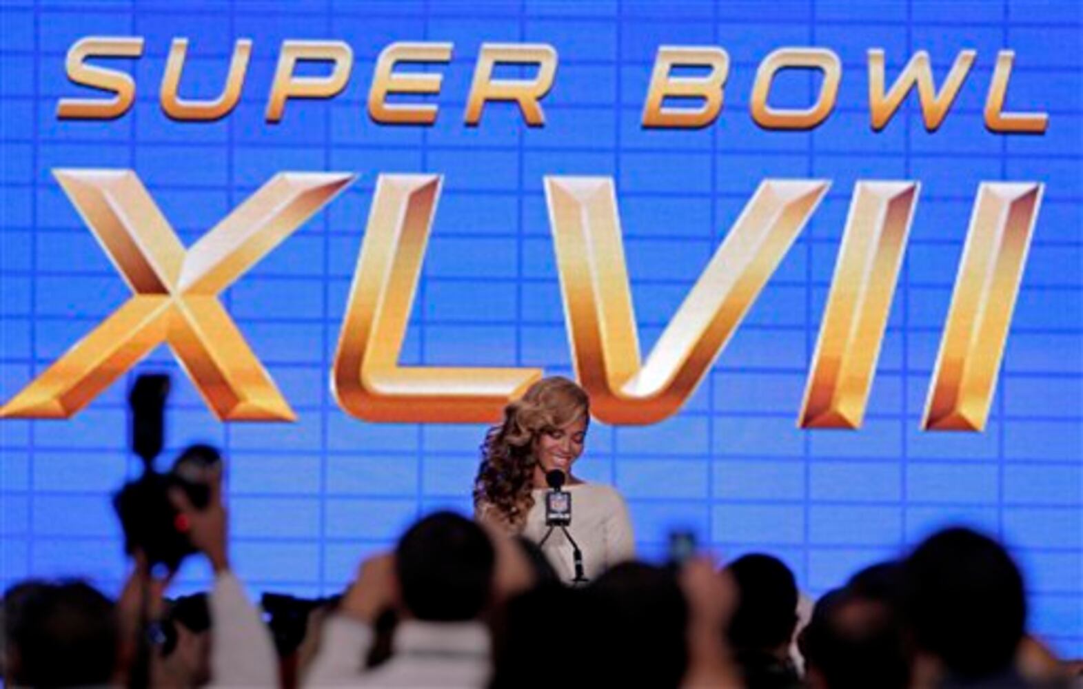 Beyonce at pre-Super Bowl news conference