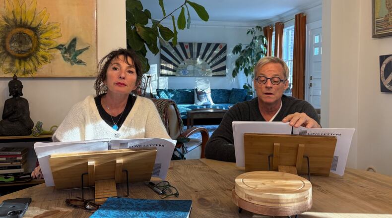 Jennifer "Jenny" Levison, left, and Mitchell Anderson reviewing the script for "Love Letters." (Photo by Courtenay Collins)
