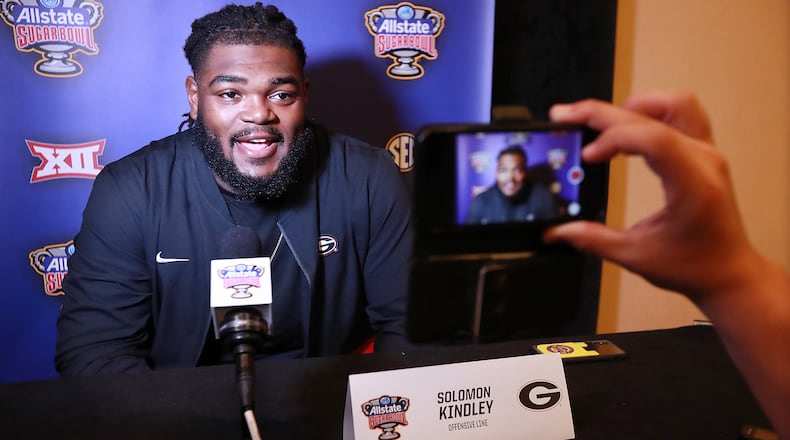 Georgia offensive lineman Solomon Kindley takes questions during the Bulldogs' offense press conference Sunday, Dec. 29, 2019, in New Orleans.