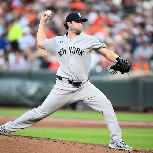 New York Yankees pitcher Gerrit Cole throws during the second inning of a baseball game against the Baltimore Orioles, Thursday, Aug. 20, 2026, in Baltimore. (AP Photo/Nick Wass)