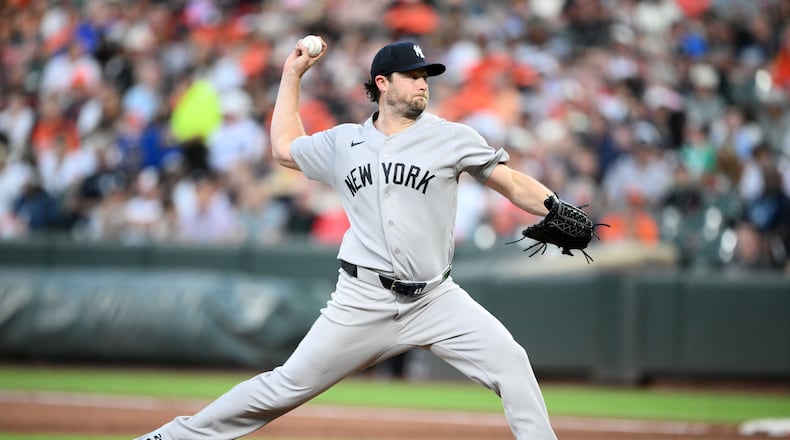 New York Yankees pitcher Gerrit Cole throws during the second inning of a baseball game against the Baltimore Orioles, Thursday, Aug. 20, 2026, in Baltimore. (AP Photo/Nick Wass)