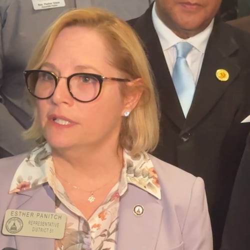 Georgia state Rep. Esther Panitch (left) and Macon Rabbi Elizabeth Bahar speak outside a federal courtroom Wednesday, Feb. 4, 2026, after a man was sentenced to five years for mailing them threatening communications in the form of antisemitic postcards. (Joe Kovac Jr./AJC)