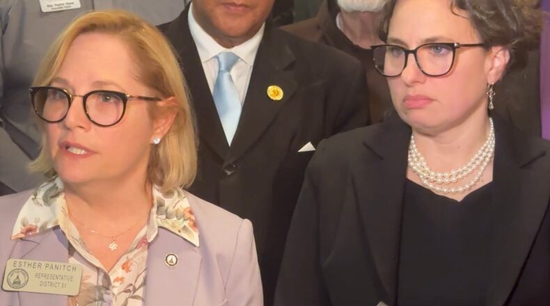 Georgia state Rep. Esther Panitch (left) and Macon Rabbi Elizabeth Bahar speak outside a federal courtroom Wednesday, Feb. 4, 2026, after a man was sentenced to five years for mailing them threatening communications in the form of antisemitic postcards. (Joe Kovac Jr./AJC)