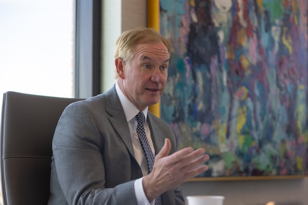 Synovus CEO Kevin Blair speaks to an AJC reporter at the company headquarters in Columbus on Tuesday, Sept. 2, 2025. (Arvin Temkar/AJC)