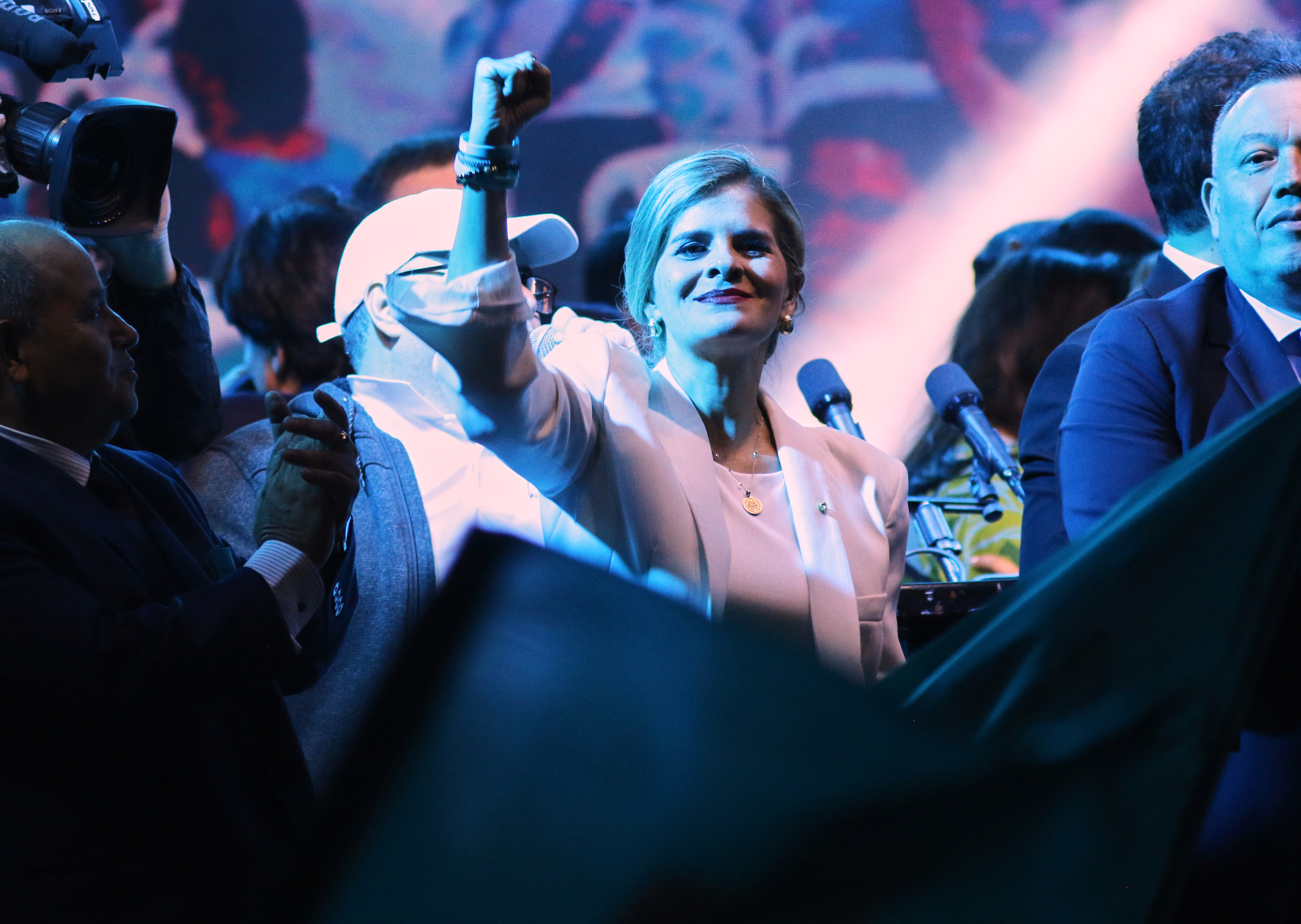 Presidential candidate Laura Fernández addresses supporters after polls closed in San Jose, Costa Rica, Sunday, Feb. 1, 2026. (AP Photo/Carlos Borbon)